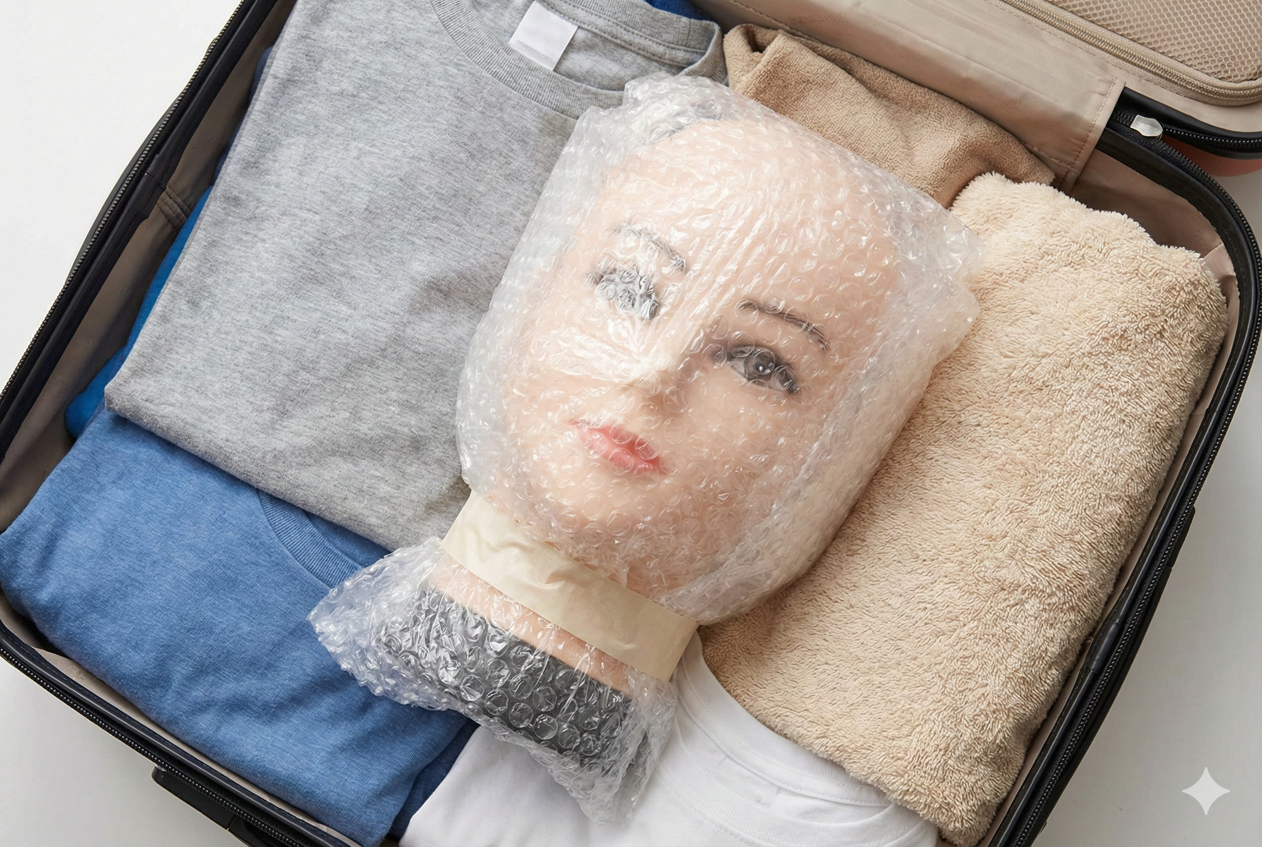 Sex doll head wrapped in bubble wrap before travel