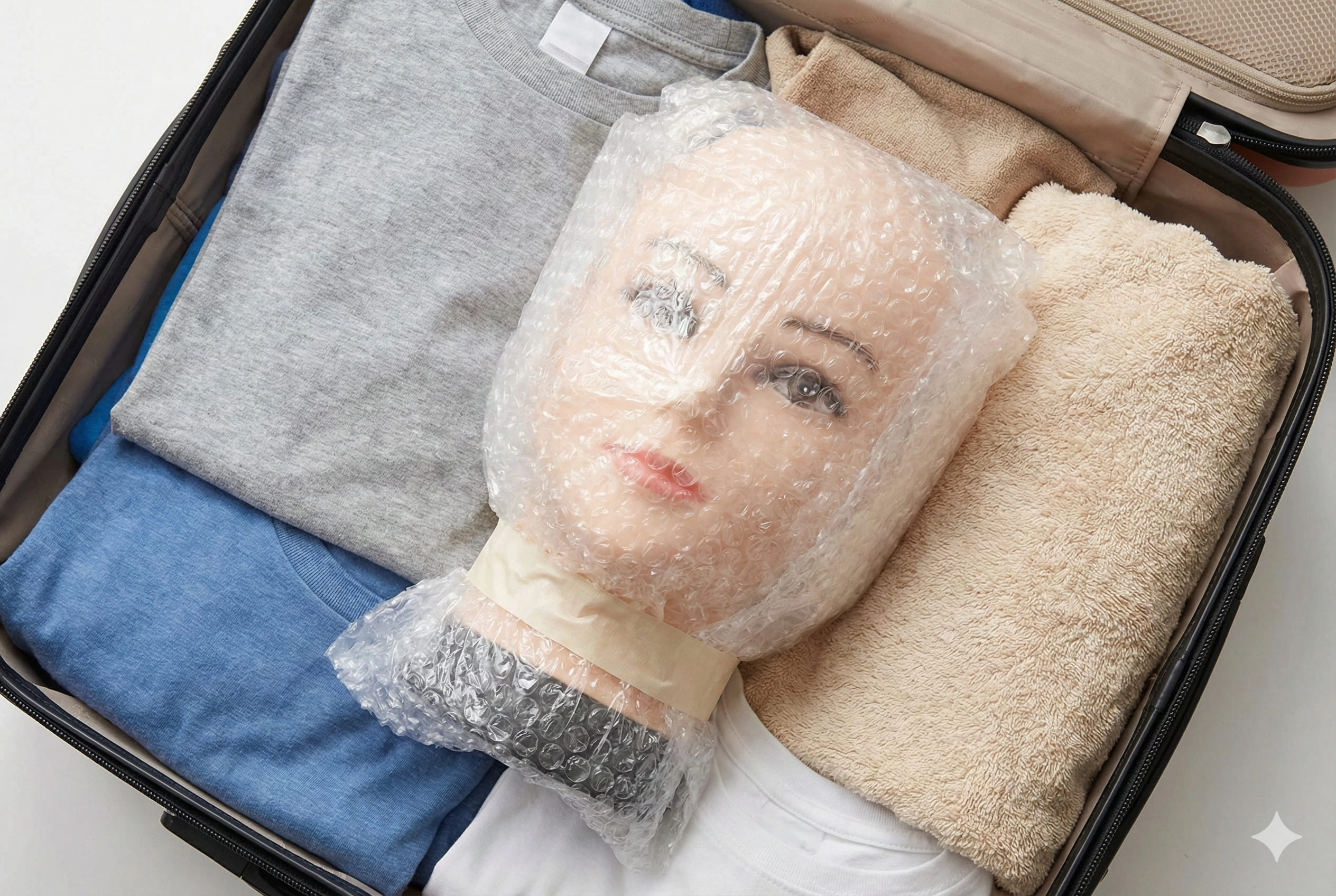 Sex doll head wrapped in bubble wrap before travel